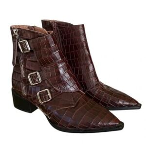 Jeffrey Campbell Ducki Burgundy Croc Embossed Leather Buckle Ankle Boots Size 8